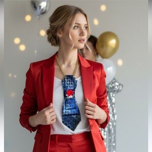 “Dainty Dapper”Blue and Black Polka Dot Tie necklace with Red Rose Accent